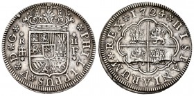 Felipe V (1700-1746). 2 reales. 1724. Segovia. F. (Cal-959). Ag. 6,31 g. Rotura de cuño en reverso. MBC+. Est...60,00. /// ENGLISH: Philip V (1700-174...