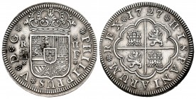 Felipe V (1700-1746). 2 reales. 1727. Segovia. F. (Cal-961). Ag. 5,37 g. Manchas en anverso. MBC+. Est...80,00. /// ENGLISH: Philip V (1700-1746). 2 r...
