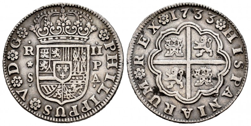 Felipe V (1700-1746). 2 reales. 1733. Sevilla. PA. (Cal-989). Ag. 5,82 g. MBC+. ...