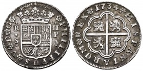 Felipe V (1700-1746). 2 reales. 1734. Sevilla. PA. (Cal-990). Ag. 5,93 g. MBC+. Est...60,00. /// ENGLISH: Philip V (1700-1746). 2 reales. 1734. Sevill...