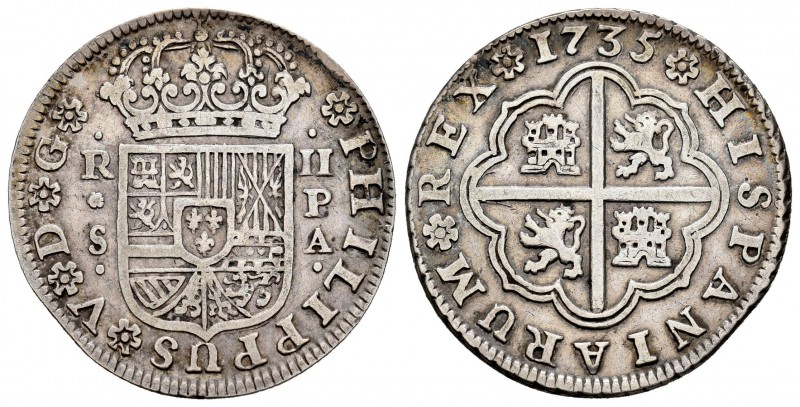 Felipe V (1700-1746). 2 reales. 1735. Sevilla. PA. (Cal-991). Ag. 5,83 g. MBC-. ...