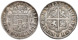 Felipe V (1700-1746). 2 reales. 1735. Sevilla. PA. (Cal-991). Ag. 5,83 g. MBC-. Est...40,00. /// ENGLISH: Philip V (1700-1746). 2 reales. 1735. Sevill...