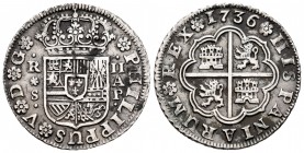Felipe V (1700-1746). 2 reales. 1736. Sevilla. PA. (Cal-993). Ag. 5,83 g. MBC+. Est...60,00. /// ENGLISH: Philip V (1700-1746). 2 reales. 1736. Sevill...