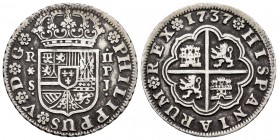 Felipe V (1700-1746). 2 reales. 1737. Sevilla. PA. (Cal-993). Ag. 5,86 g. MBC. Est...40,00. /// ENGLISH: Philip V (1700-1746). 2 reales. 1737. Sevilla...