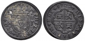 Felipe V (1700-1746). 2 reales. 1722. Sevilla. J. (Cal-980). Ag. 5,54 g. Pátina oscura. Restos de suciedad en anverso. MBC+. Est...70,00. /// ENGLISH:...