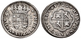 Felipe V (1700-1746). 2 reales. 1722. Sevilla. J. (Cal-980). Ag. 5,42 g. MBC+. Est...50,00. /// ENGLISH: Philip V (1700-1746). 2 reales. 1722. Sevilla...