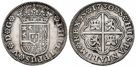 Felipe V (1700-1746). 2 reales. 1730. Sevilla. (Cal-986). Ag. 5,73 g. Sin indicación de valor ni ensayador. Escasa. MBC+/MBC. Est...90,00. /// ENGLISH...