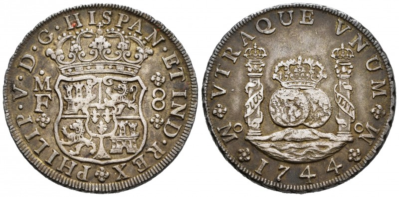 Felipe V (1700-1746). 8 reales. 1744. México. MF. (Cal-1466). Ag. 26,84 g. MBC+....