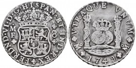 Felipe V (1700-1746). 8 reales. 1749. México. MF. (Cal-473). Ag. 26,98 g. Limpiada. MBC. Est...200,00. /// ENGLISH: Philip V (1700-1746). 8 reales. 17...