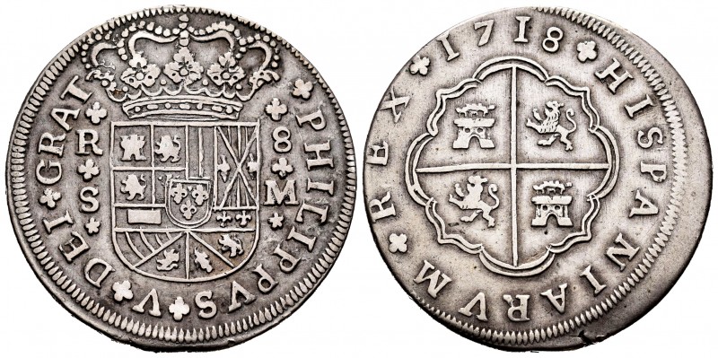 Felipe V (1700-1746). 8 reales. 1718. Sevilla. M. (Cal-1617). Ag. 23,46 g. Tres ...