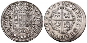 Felipe V (1700-1746). 8 reales. 1718. Sevilla. M. (Cal-1617). Ag. 23,46 g. Tres flores de lis en las armas de Borgoña. Escasa. El 31 de octubre de 171...
