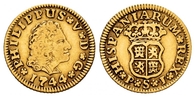 Felipe V (1700-1746). 1/2 escudo. 1744. Sevilla. PJ. (Cal-1649). Au. 1,73 g.  Te...