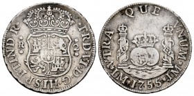 Fernando VI (1746-1759). 2 reales. 1755. Lima. JM. (Cal-272). Ag. 6,56 g. Sin punto sobre la marca de ceca. MBC-. Est...40,00. /// ENGLISH: Ferdinand ...