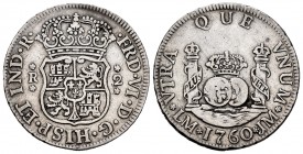 Fernando VI (1746-1759). 2 reales. 1760/50. Lima. JM. (Cal-278). Ag. 6,56 g. Sobrefecha. Sin punto sobre la marca de ceca. Escasa. MBC. Est...75,00. /...