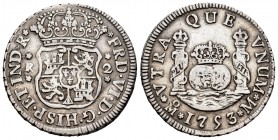 Fernando VI (1746-1759). 2 reales. 1753. México. M. (Cal-294). Ag. 6,62 g. MBC. Est...50,00. /// ENGLISH: Ferdinand VI (1746-1759). 2 reales. 1753. Mé...