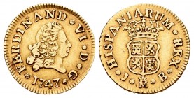 Fernando VI (1746-1759). 1/2 escudo. 1747. Madrid. JB. (Cal 2019-548). Au. 1,75 g. Primer busto. MBC+/MBC. Est...150,00. /// ENGLISH: Ferdinand VI (17...