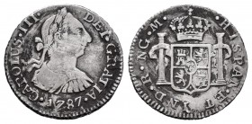 Carlos III (1759-1788). 1/2 real. 1787. Guatemala. M. (Cal 2019-108). Ag. 1,68 g. Rayas. MBC-. Est...35,00. /// ENGLISH: Charles III (1759-1788). 1/2 ...