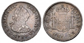 Carlos III (1759-1788). 1/2 real. 1780. México. FF. (Cal-206). Ag. 1,71 g. ALguna rayita en anverso. Tono. MBC+. Est...45,00. /// ENGLISH: Charles III...