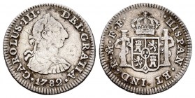 Carlos III (1759-1788). 1/2 real. 1782. México. FF. (Cal-209). Ag. 1,65 g. MBC-. Est...18,00. /// ENGLISH: Charles III (1759-1788). 1/2 real. 1782. Mé...
