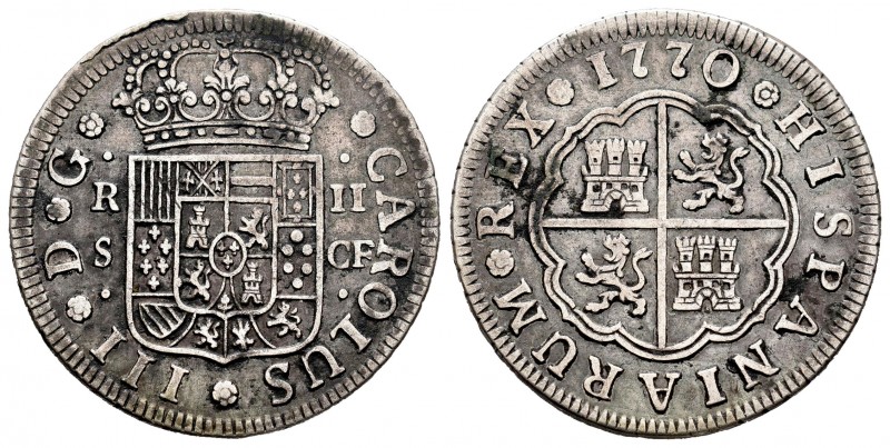 Carlos III (1759-1788). 2 reales. 1770. Sevilla. CF. (Cal-779). Ag. 5,79 g. MBC....