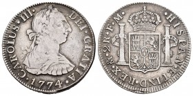 Carlos III (1759-1788). 2 reales. 1774. México. FM. (Cal-660). Ag. 6,62 g. MBC-/MBC. Est...50,00. /// ENGLISH: Charles III (1759-1788). 2 reales. 1774...
