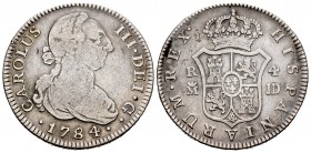 Carlos III (1759-1788). 4 reales. 1784. Madrid. JD. (Cal-869). Ag. 12,92 g. Golpecito en el canto y rayita en anverso. Muy escasa. MBC-. Est...100,00....