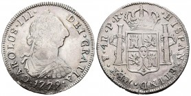 Carlos III (1759-1788). 4 reales. 1779. Potosí. PR. (Cal-941). Ag. 13,34 g. Ocidaciones en parte. MBC-/MBC. Est...75,00. /// ENGLISH: Charles III (175...