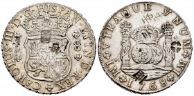 Carlos III (1759-1788). 8 reales. 1768. Lima. JM. (Cal-1028). Ag. 26,85 g. Punto sobre la primera LMA. Resellos orientales. Buen ejemplar. Ex Herrero ...