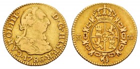 Carlos III (1759-1788). 1/2 escudo. 1786. Madrid. DV. (Cal-1280). Au. 1,75 g. MBC-. Est...120,00. /// ENGLISH: Charles III (1759-1788). 1/2 escudo. 17...