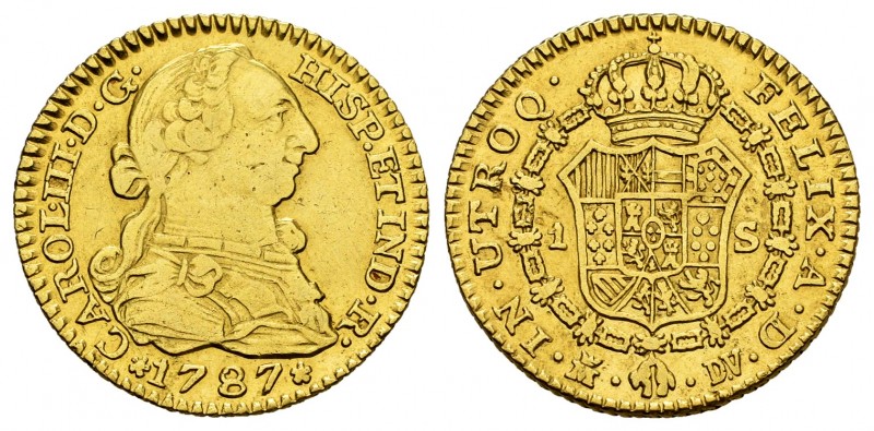 Carlos III (1759-1788). 1 escudo. 1787. Madrid. DV. (Cal-1370). Au. 3,32 g. MBC/...