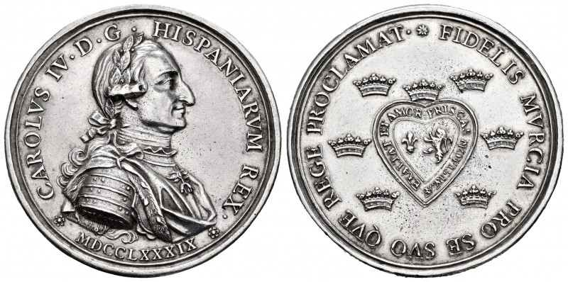 Carlos IV (1788-1808). Medalla de Proclamación. 1789. Murcia. (H-78). Ag. 19,66 ...