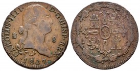 Carlos IV (1788-1808). 8 maravedís. 1807. Segovia. (Cal-85). Ae. 10,09 g. MBC-. Est...30,00. /// ENGLISH: Charles IV (1788-1808). 8 maravedís. 1807. S...