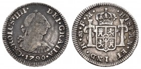 Carlos IV (1788-1808). 1/2 real. 1790. México. FM. (Cal-272). Ag. 1,66 g.  Busto de Carlos III y ordinal IIII. Escasa. BC+/MBC-. Est...30,00. /// ENGL...