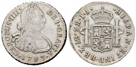 Carlos IV (1788-1808). 2 reales. 1793. Lima. IJ. (Cal-575). Ag. 6,78 g. Segundo busto propio. MBC-/MBC. Est...50,00. /// ENGLISH: Charles IV (1788-180...