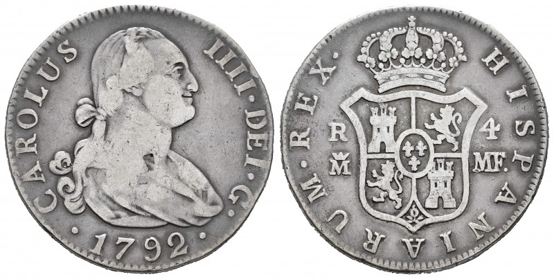 Carlos IV (1788-1808). 4 reales. 1792. Madrid. MF. (Cal-778). Ag. 12,94 g. Golpe...