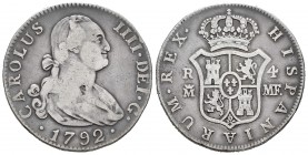Carlos IV (1788-1808). 4 reales. 1792. Madrid. MF. (Cal-778). Ag. 12,94 g. Golpe en anverso. BC+. Est...70,00. /// ENGLISH: Charles IV (1788-1808). 4 ...