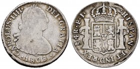 Carlos IV (1788-1808). 4 reales. 1808/7. Santiago. FJ. (Cal 2008-907 variante). Ag. 12,93 g. Rara. BC+/MBC-. Est...200,00. /// ENGLISH: Charles IV (17...