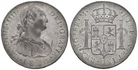 Carlos IV (1788-1808). 8 reales. 1802. Guatemala. M. (Cal 2019-895). Ag. 26,93 g. Exceso de metal en anverso y rayitas. Tono. MBC+. Est...250,00. /// ...