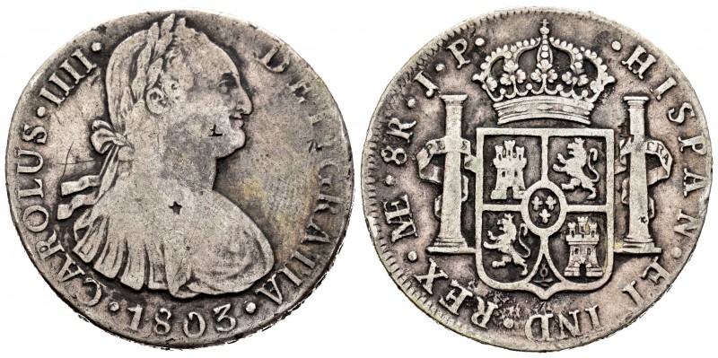 Carlos IV (1788-1808). 8 reales. 1803. Lima. JP. (Cal-767). Ag. 26,64 g. Resello...