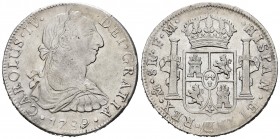 Carlos IV (1788-1808). 8 reales. 1789. México. FM. (Cal 2019-950). Ag. 26,91 g. Busto de Carlos III y ordinal IV. Restos de brillo original en reverso...
