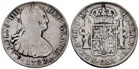 Carlos IV (1788-1808). 8 reales. 1797. México. FM. (Cal-802). Ag. 26,78 g. Resellos orientales. BC+/MBC-. Est...40,00. /// ENGLISH: Charles IV (1788-1...
