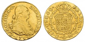 Carlos IV (1788-1808). 1 escudo. 1792. Madrid. MF. (Cal-1109). Au. 3,30 g. Estuvo en aro. MBC-. Est...150,00. /// ENGLISH: Charles IV (1788-1808). 1 e...