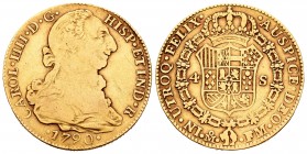 Carlos IV (1788-1808). 4 escudos. 1790. México. FM. (Cal-1485). Au. 12,15 g. Busto de Carlos III y ordinal IIII. Rara. BC+/MBC-. Est...800,00. /// ENG...