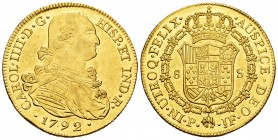 Carlos IV (1788-1808). 8 escudos. 1792. Popayán. JF. (Cal 2008-70). (Cal onza-1052). Au. 27,03 g. Brillo original. Muy escasa en esta conservación. SC...