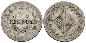 José Napoleón (1808-1814). 1 peseta. 1813. Barcelona. (Cal-38). Ag. 5,49 g. Variante por distinta C de BARCELONA. Escasa Ex Áureo y Calicó 24-05-2017,...