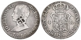 José Napoleón (1808-1814). 4 reales. 1812. Sevilla. LA. (Cal-25). Ag. 5,57 g. Resello de Vique (Cuba). (De Mey 481). Raro sobre esta moneda. BC+. Est....