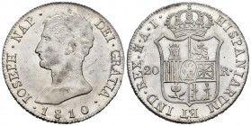 José Napoleón (1808-1814). 20 reales. 1810. Madrid. AI. (Cal 2019-37). Ag. 26,88 g. Rayitas. SC-. Est...450,00. /// ENGLISH: Joseph Napoleon (1808-181...