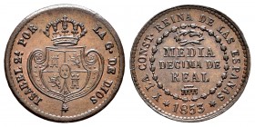 Isabel II (1833-1868). 1/2 décima de real. 1853. Segovia. (Cal 2019-140). Ae. 2,00 g. Buen ejemplar. EBC. Est...110,00. /// ENGLISH: Elizabeth II (183...