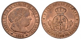 Isabel II (1833-1868). 1/2 céntimos de escudo. 1868. Sevilla. OM. (Cal-212). Ae. 1,15 g. Brillo original. SC-. Est...35,00. /// ENGLISH: Elizabeth II ...