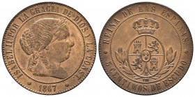 Isabel II (1833-1868). 5 céntimos de escudo. 1867. Barcelona. OM. (Cal 2019-245). Ae. 12,05 g. EBC+. Est...90,00. /// ENGLISH: Elizabeth II (1833-1868...